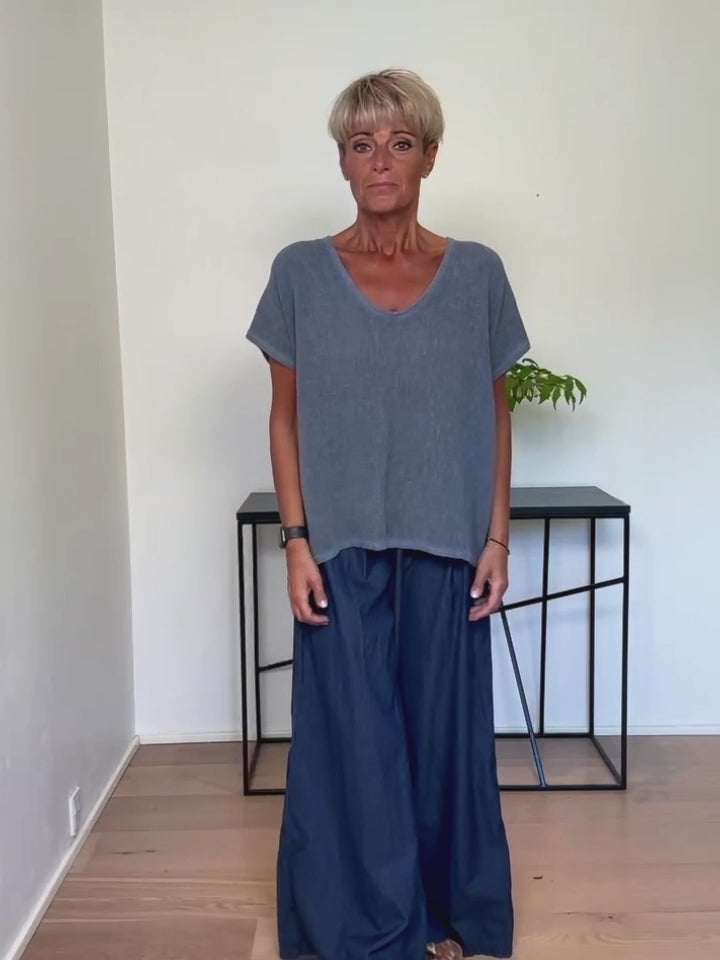 Baghuse Hør/Bomuld T-Shirt Rund Hals Navy F